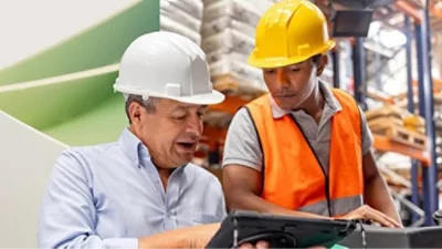 Two professionals talking while looking at a tablet.