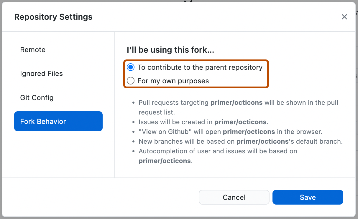 Captura de tela do painel "Comportamento do Fork". Dois botões de opção, "To contribute to the parent repository" e "For my own purposes", estão contornados em laranja.