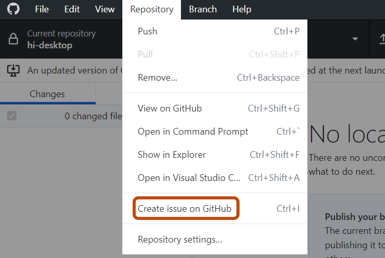 Captura de tela da barra de menus "GitHub Desktop" no Windows. No menu suspenso "Repositório", a opção "Criar problema no GitHub" está contornada em laranja.