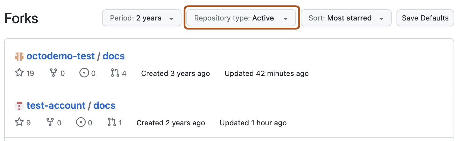 Capture d’écran de la page des fourches avec les options de filtre et de tri affichées. Le menu déroulant intitulé « Type de dépôt » est mis en évidence avec un encadré orange.