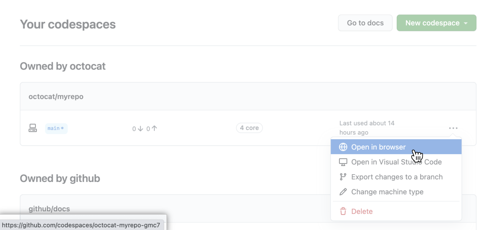 Codespace name shown on hover over