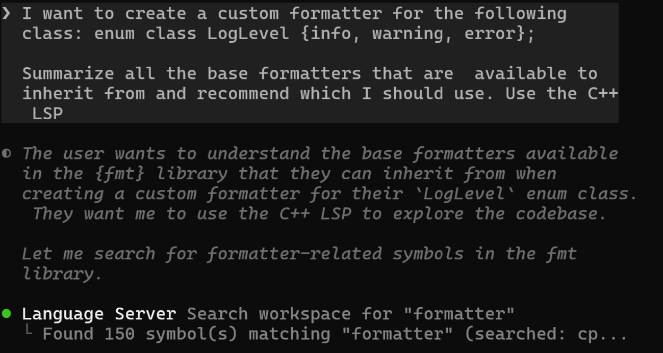 Example query in Copilot CLI asking to summarize all base formatters that are available to inherit from using the C++ LSP to resolve