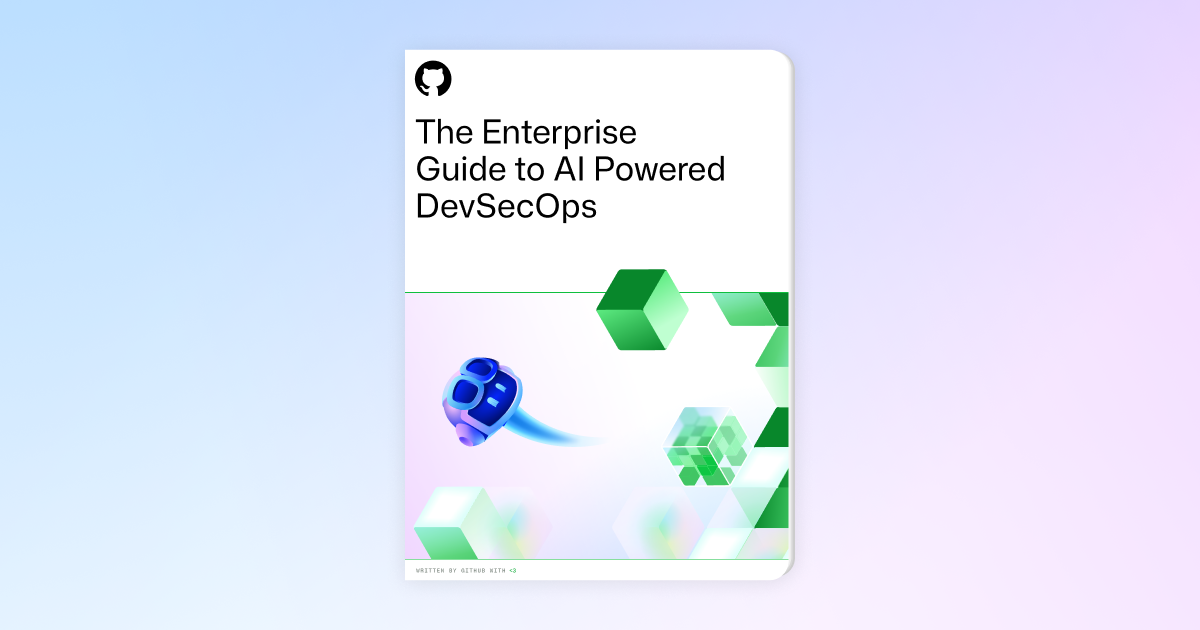A light background features an array of AI-themed shapes and illustrations with a blur filter applied. In the foreground, white text reads "The enterprise guide to AI-powered DevSecOps".