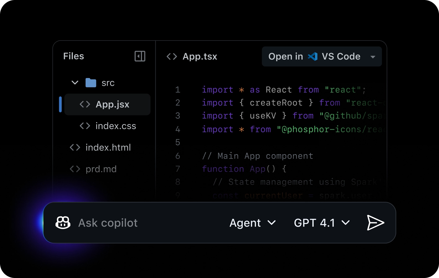 A code editor displays the file "App.tsx" with TypeScript code using React and GitHub libraries. The file tree shows "App.jsx", "index.css", "index.html", and "prd.md". A prompt bar at the bottom reads "Ask copilot Agent GPT 4.1".
