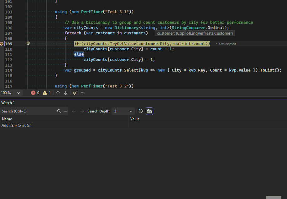 Video showing Copilot suggesting watch expressions in the Watch window during a debugging session
