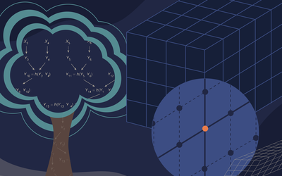 Illustration in blue tones shows a tree on the left with algorithms and lattice images on right. 
