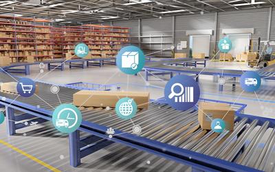 Boxes on a conveyor belt in a warehouse are overlaid with icons representing transportation and logistics.