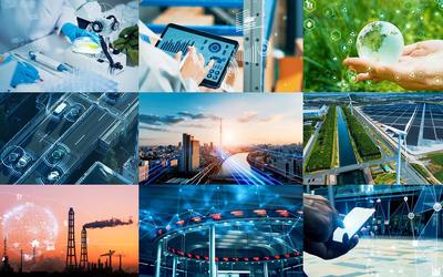 Nine images in a grid invoke cutting-edge technologies in bioscience, communications, energy, navigation and other fields.